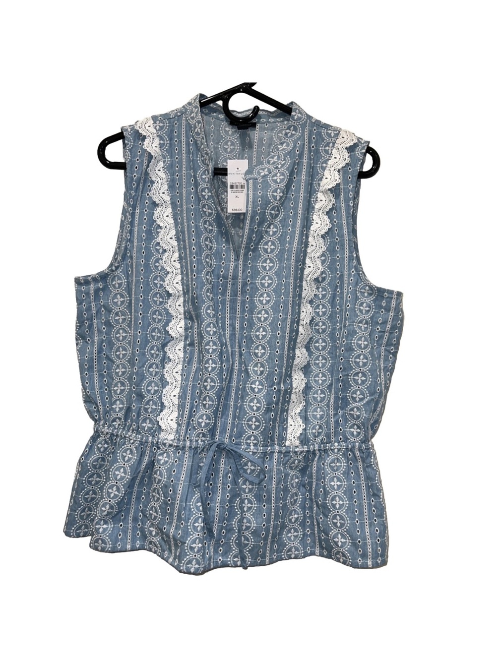 LOFT Blue Printed Sleeveless Peplum Camisole with White Lace